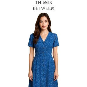 Things Between Blue Ditsy Floral Prairie Midi Tea Dress Boho Cottagecore Indie S